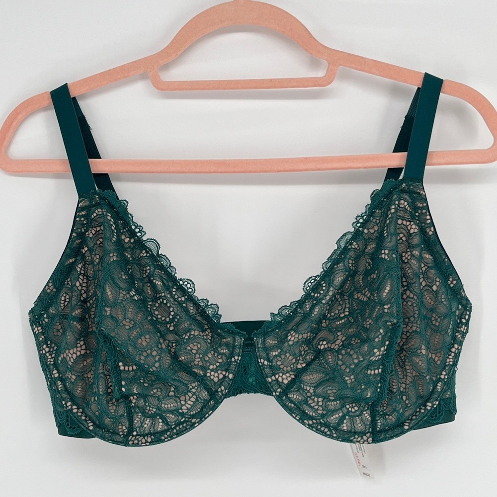 Soma Unlined Lace Plunge Bra 36G Forest Green Underwire Floral 570349182 NEW